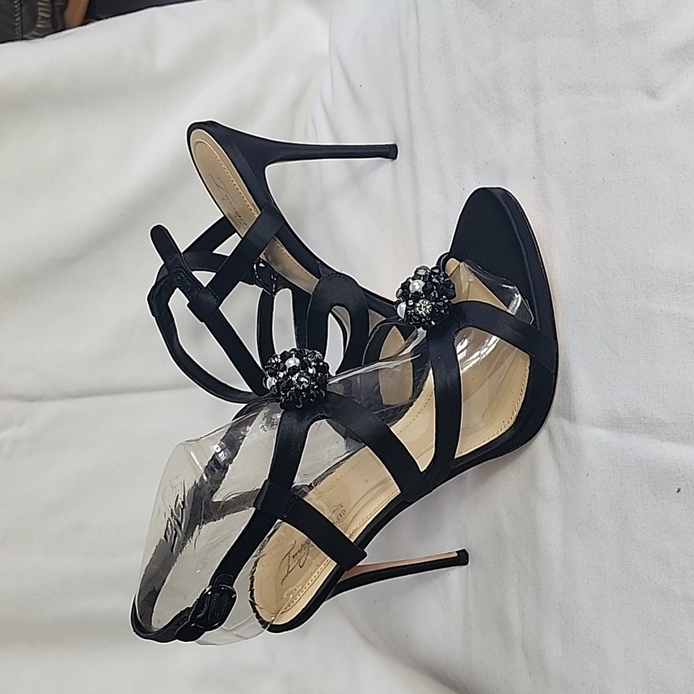 #11 Vince Camuto Black satin strapped sandal  with bead & pearl  embellishment 9